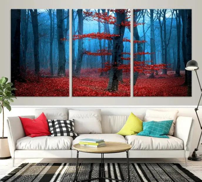 The Blue Dark Forest Wall Art Canvas Print features a misty forest with red leaves and is crafted on museum-quality canvas with a UV-protective coating.