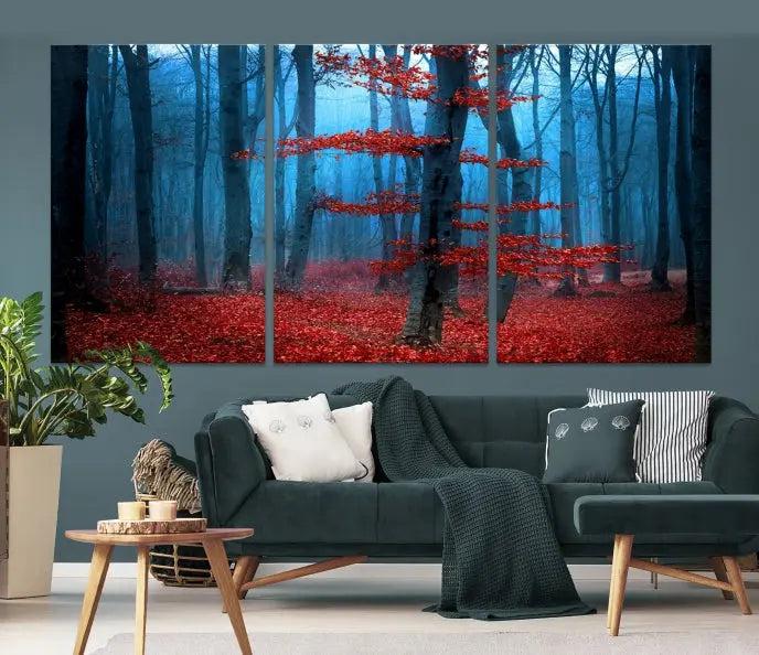 The Blue Dark Forest Wall Art Canvas Print features a misty forest with red leaves and is crafted on museum-quality canvas with a UV-protective coating.