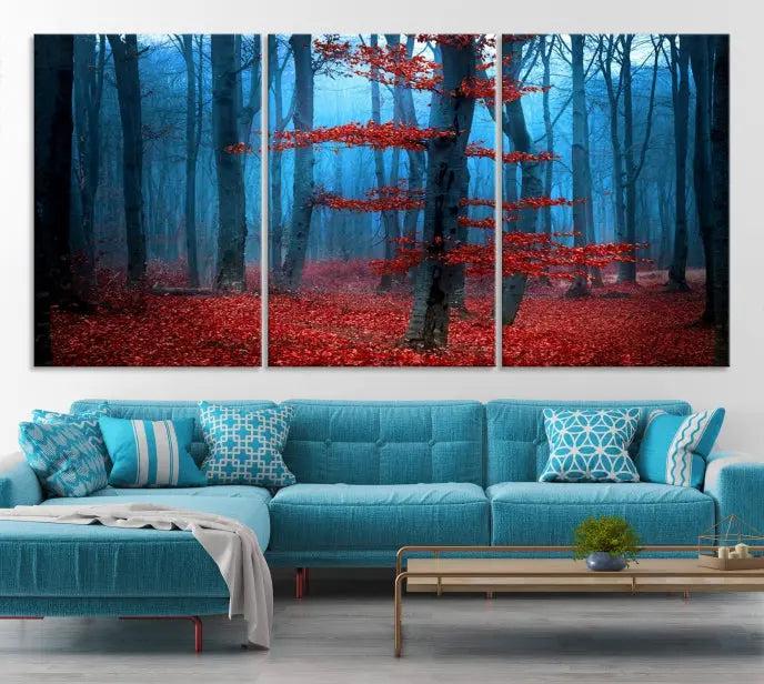 The Blue Dark Forest Wall Art Canvas Print features a misty forest with red leaves and is crafted on museum-quality canvas with a UV-protective coating.