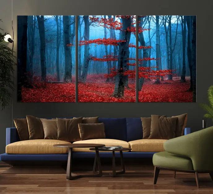 The Blue Dark Forest Wall Art Canvas Print features a misty forest with red leaves and is crafted on museum-quality canvas with a UV-protective coating.