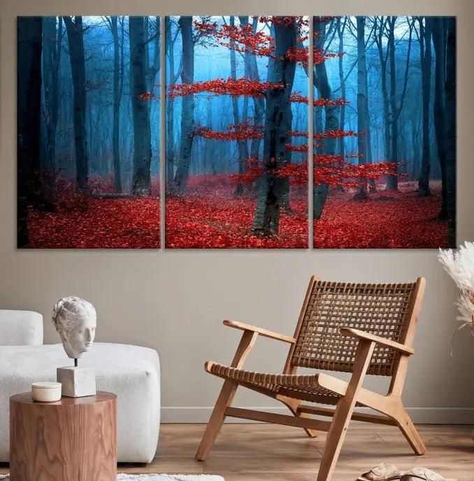 The Blue Dark Forest Wall Art Canvas Print features a misty forest with red leaves and is crafted on museum-quality canvas with a UV-protective coating.