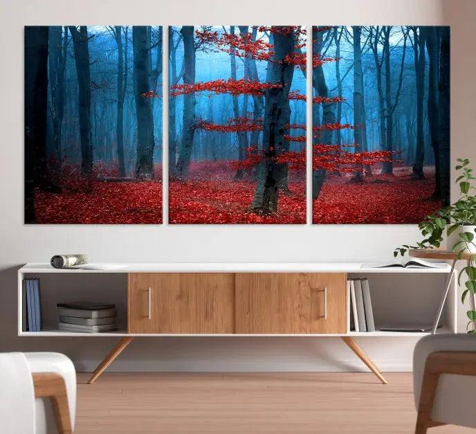 The Blue Dark Forest Wall Art Canvas Print features a misty forest with red leaves and is crafted on museum-quality canvas with a UV-protective coating.