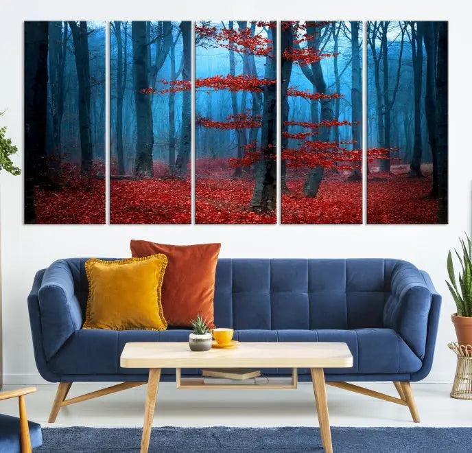 The Blue Dark Forest Wall Art Canvas Print features a misty forest with red leaves and is crafted on museum-quality canvas with a UV-protective coating.