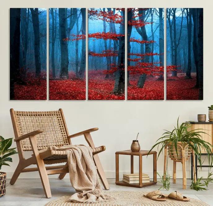 The Blue Dark Forest Wall Art Canvas Print features a misty forest with red leaves and is crafted on museum-quality canvas with a UV-protective coating.