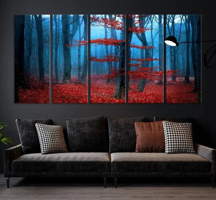 The Blue Dark Forest Wall Art Canvas Print features a misty forest with red leaves and is crafted on museum-quality canvas with a UV-protective coating.