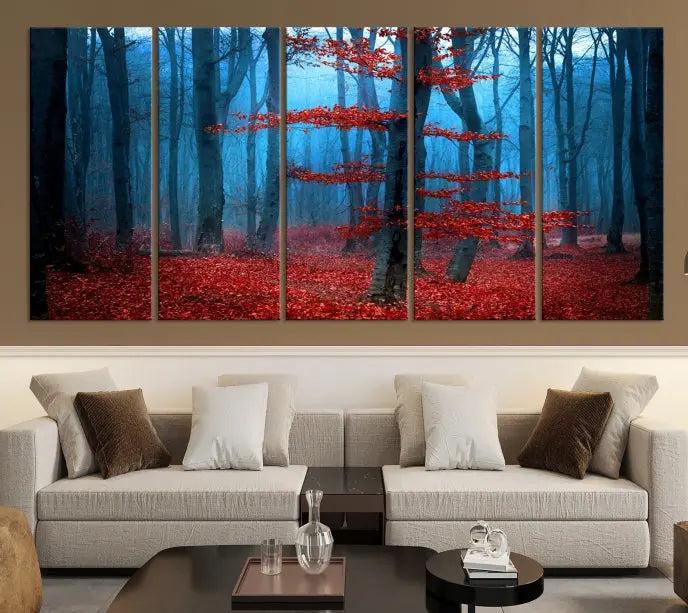 The Blue Dark Forest Wall Art Canvas Print features a misty forest with red leaves and is crafted on museum-quality canvas with a UV-protective coating.