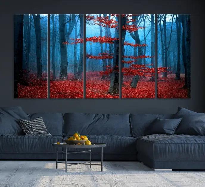 The Blue Dark Forest Wall Art Canvas Print features a misty forest with red leaves and is crafted on museum-quality canvas with a UV-protective coating.