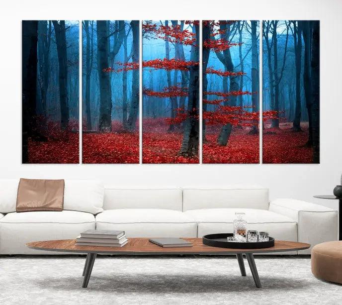 The Blue Dark Forest Wall Art Canvas Print features a misty forest with red leaves and is crafted on museum-quality canvas with a UV-protective coating.