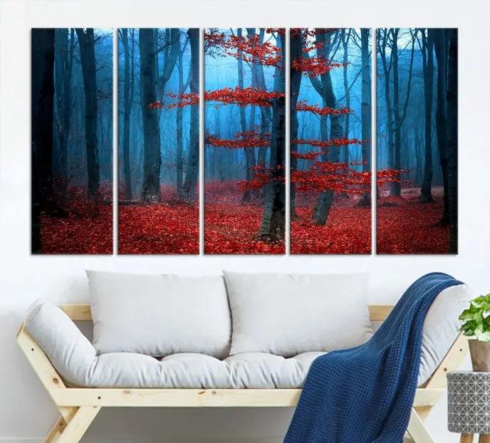 The Blue Dark Forest Wall Art Canvas Print features a misty forest with red leaves and is crafted on museum-quality canvas with a UV-protective coating.