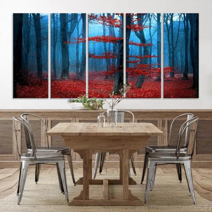 The Blue Dark Forest Wall Art Canvas Print features a misty forest with red leaves and is crafted on museum-quality canvas with a UV-protective coating.