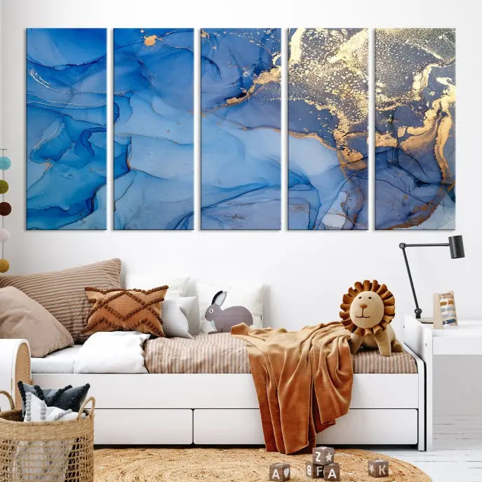 Modern living room featuring the Blue Gold Marble Fluid Canvas Wall Art that showcases three-panel abstract designs in blue and gold on museum-quality canvas. These art pieces are professionally hand-assembled for an exquisite finish.