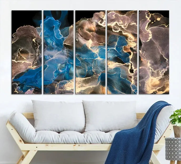 The Blue Golden Marble Wall Art Abstract Canvas Print, ready to hang, enhances the elegance of the modern living room.