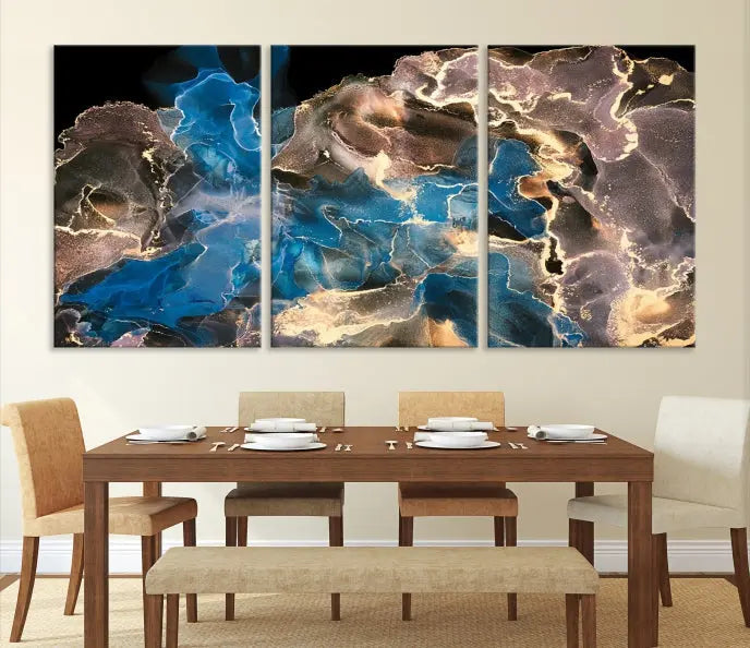 The Blue Golden Marble Wall Art Abstract Canvas Print, ready to hang, enhances the elegance of the modern living room.