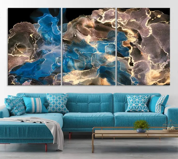 The Blue Golden Marble Wall Art Abstract Canvas Print, ready to hang, enhances the elegance of the modern living room.