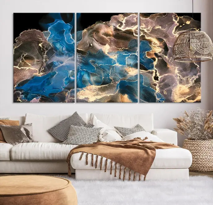 The Blue Golden Marble Wall Art Abstract Canvas Print, ready to hang, enhances the elegance of the modern living room.