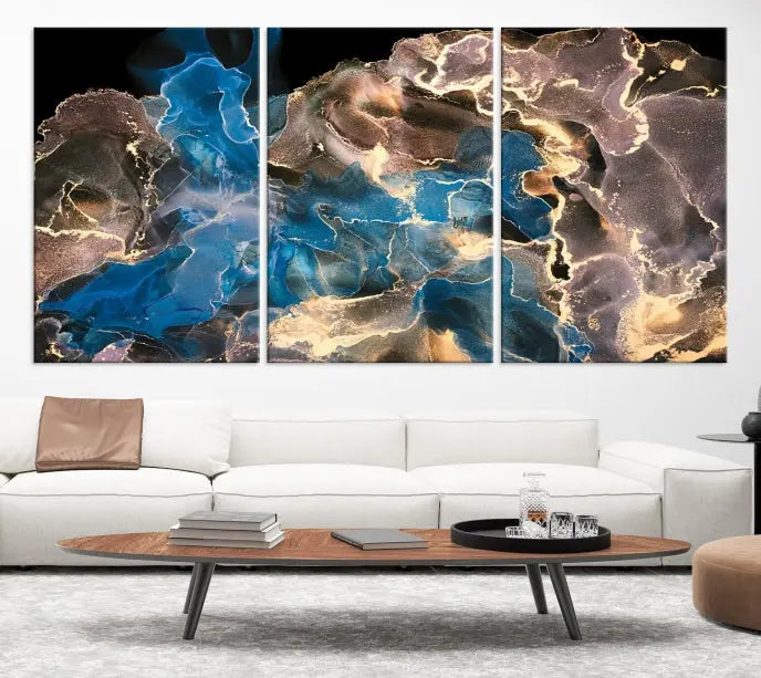 The Blue Golden Marble Wall Art Abstract Canvas Print, ready to hang, enhances the elegance of the modern living room.