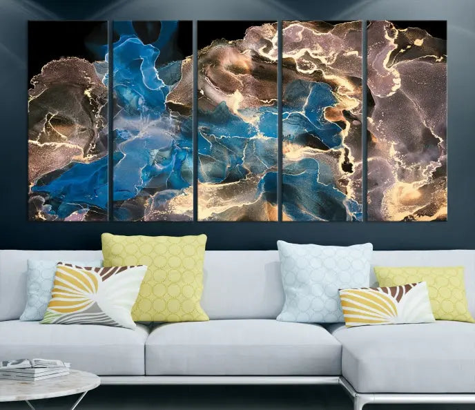 The Blue Golden Marble Wall Art Abstract Canvas Print, ready to hang, enhances the elegance of the modern living room.