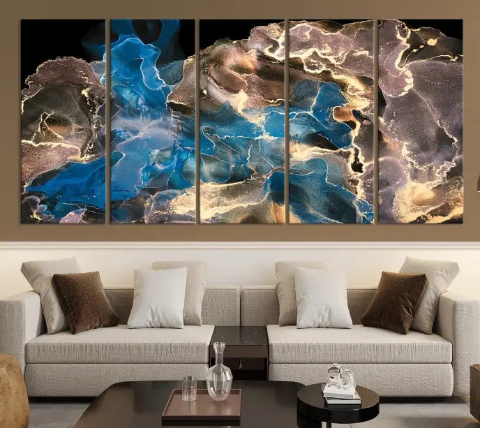 The Blue Golden Marble Wall Art Abstract Canvas Print, ready to hang, enhances the elegance of the modern living room.