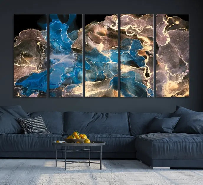 The Blue Golden Marble Wall Art Abstract Canvas Print, ready to hang, enhances the elegance of the modern living room.