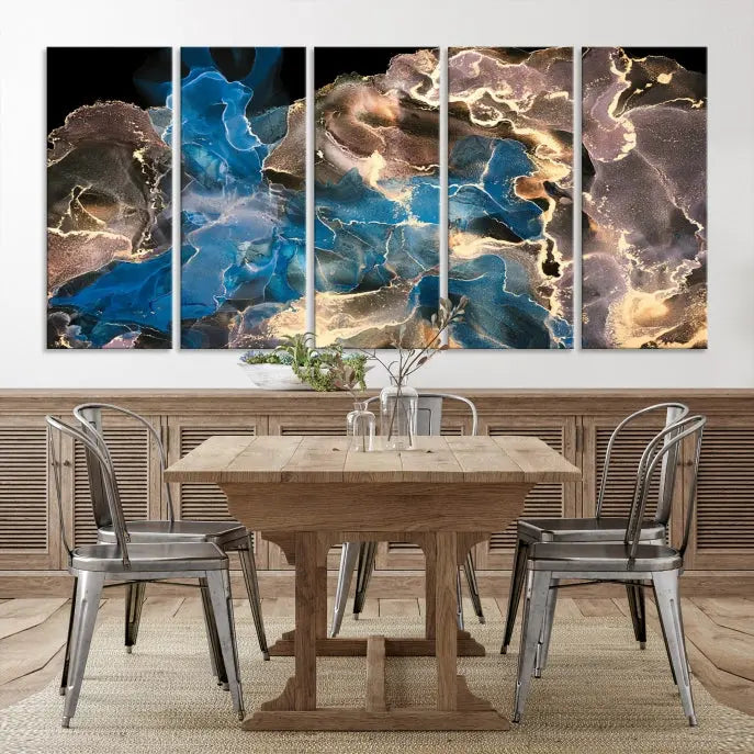 The Blue Golden Marble Wall Art Abstract Canvas Print, ready to hang, enhances the elegance of the modern living room.