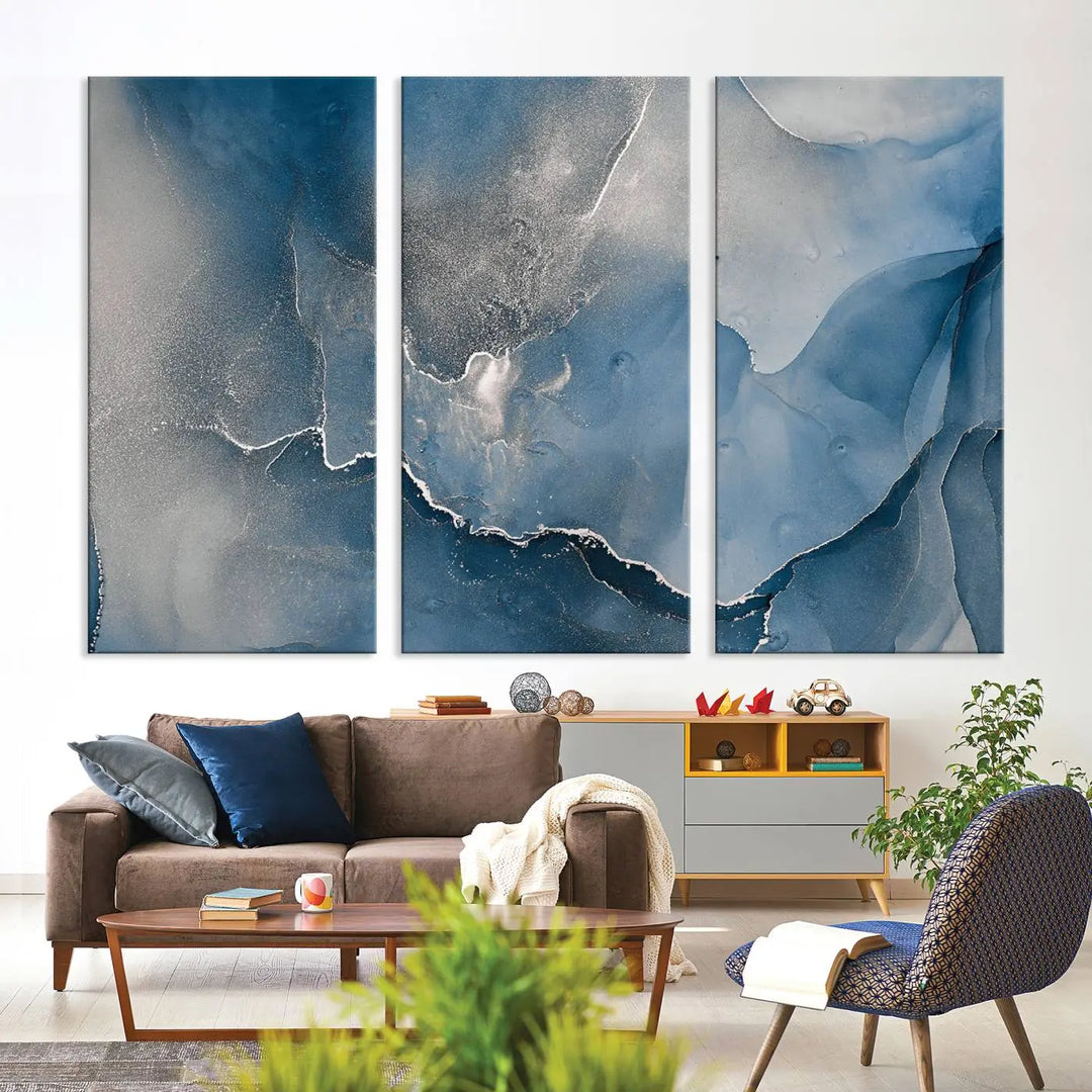 The living room features the Blue Gray Marble Fluid Effect Wall Art Abstract Canvas Wall Art Print, adding an elegant touch to the space.