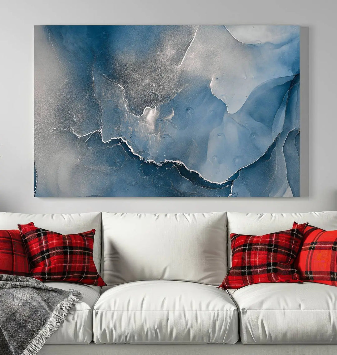 The living room features the Blue Gray Marble Fluid Effect Wall Art Abstract Canvas Wall Art Print, adding an elegant touch to the space.