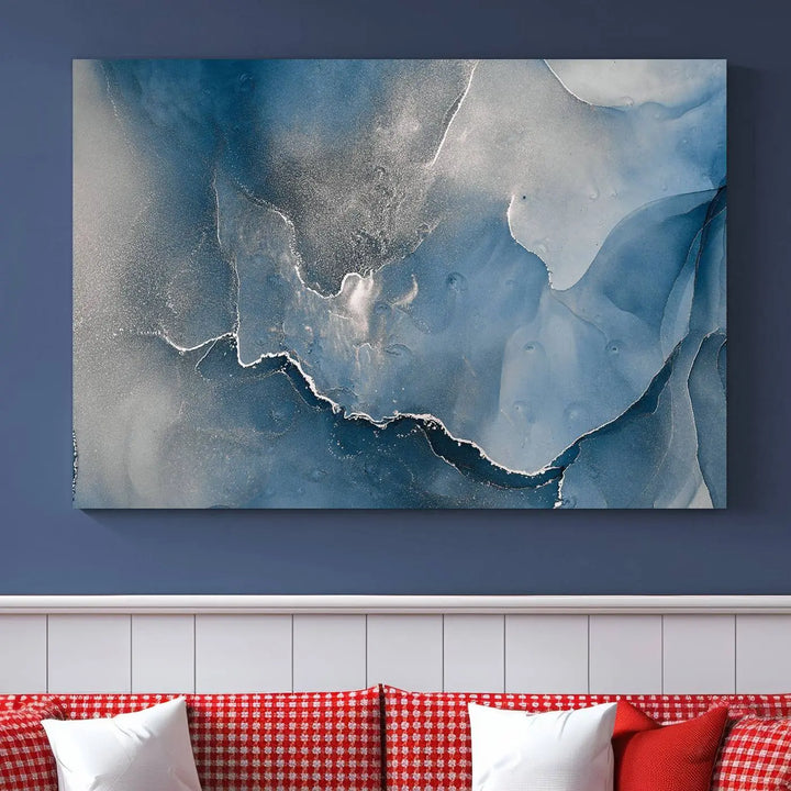 The living room features the Blue Gray Marble Fluid Effect Wall Art Abstract Canvas Wall Art Print, adding an elegant touch to the space.