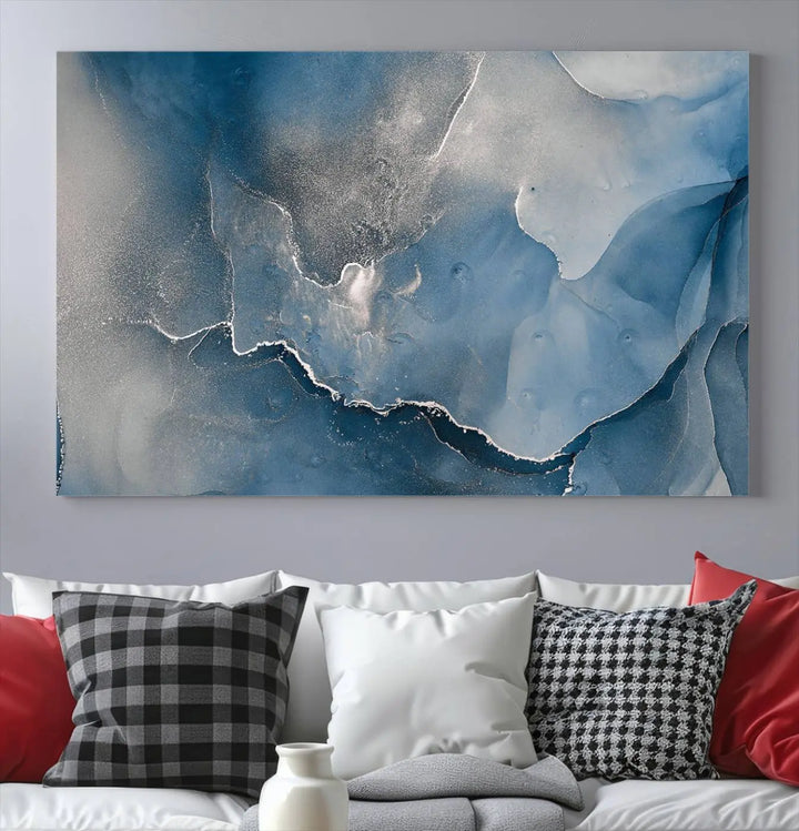 The living room features the Blue Gray Marble Fluid Effect Wall Art Abstract Canvas Wall Art Print, adding an elegant touch to the space.