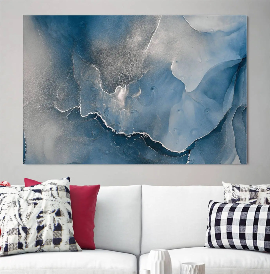 The living room features the Blue Gray Marble Fluid Effect Wall Art Abstract Canvas Wall Art Print, adding an elegant touch to the space.