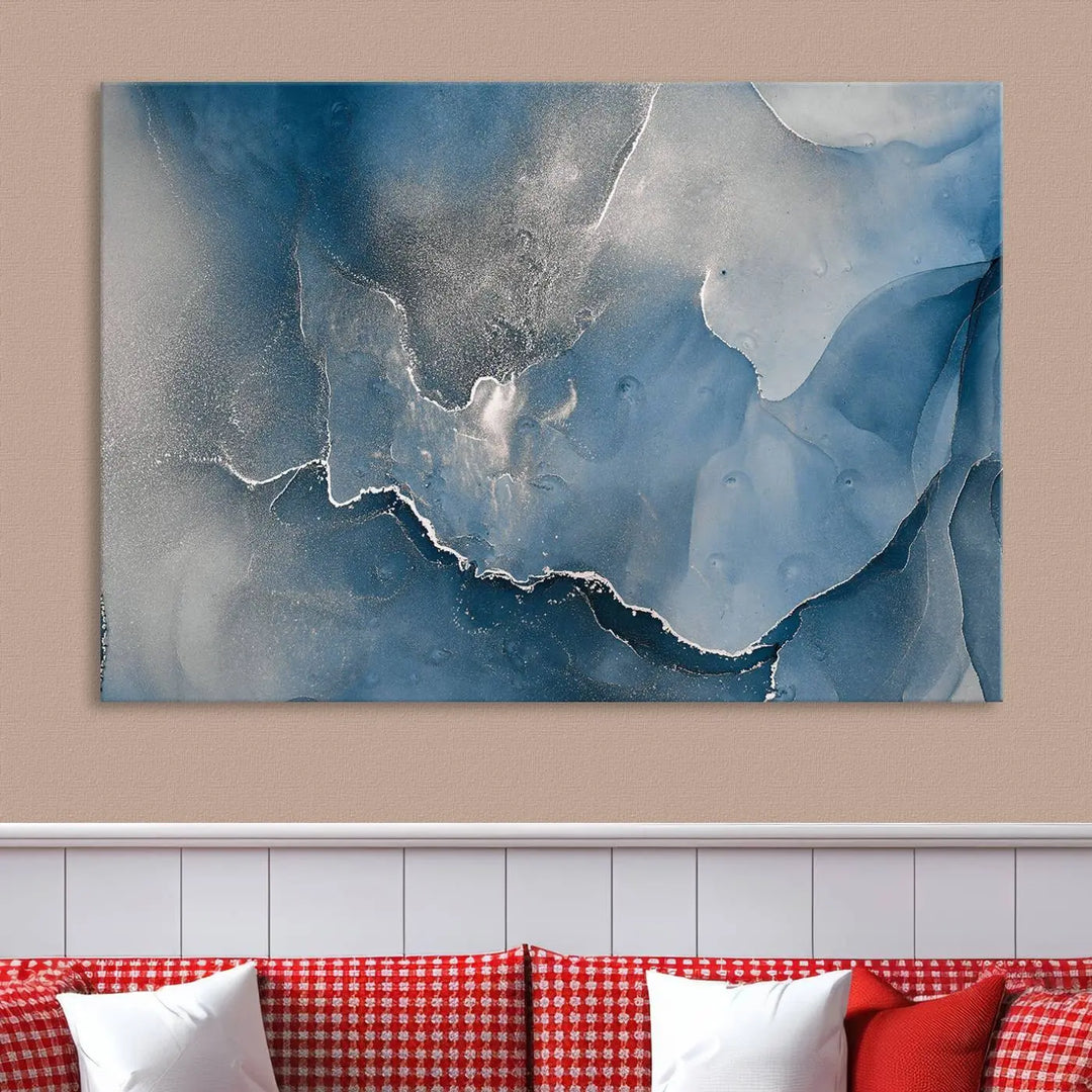 The living room features the Blue Gray Marble Fluid Effect Wall Art Abstract Canvas Wall Art Print, adding an elegant touch to the space.