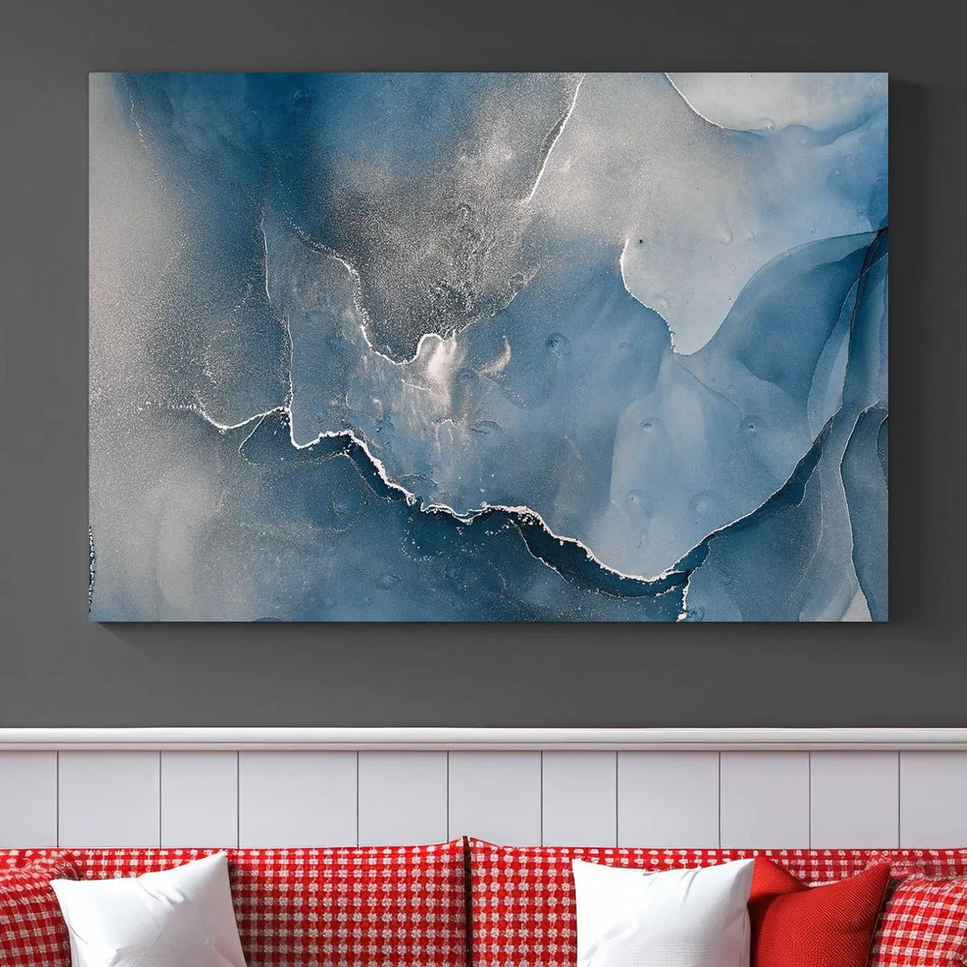 The living room features the Blue Gray Marble Fluid Effect Wall Art Abstract Canvas Wall Art Print, adding an elegant touch to the space.