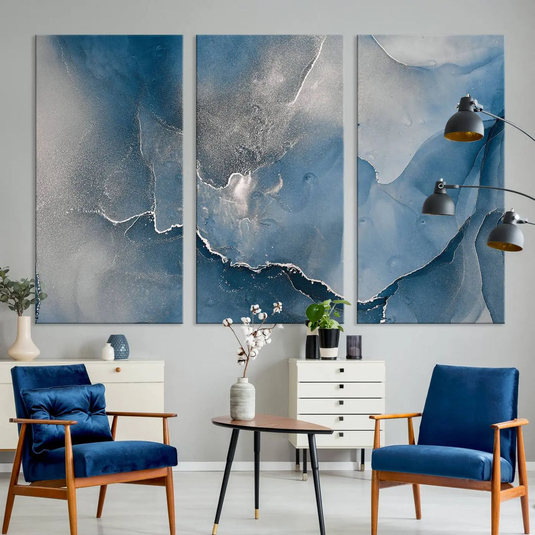 The living room features the Blue Gray Marble Fluid Effect Wall Art Abstract Canvas Wall Art Print, adding an elegant touch to the space.