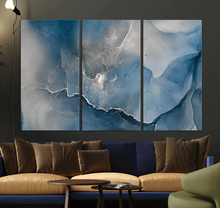 The living room features the Blue Gray Marble Fluid Effect Wall Art Abstract Canvas Wall Art Print, adding an elegant touch to the space.