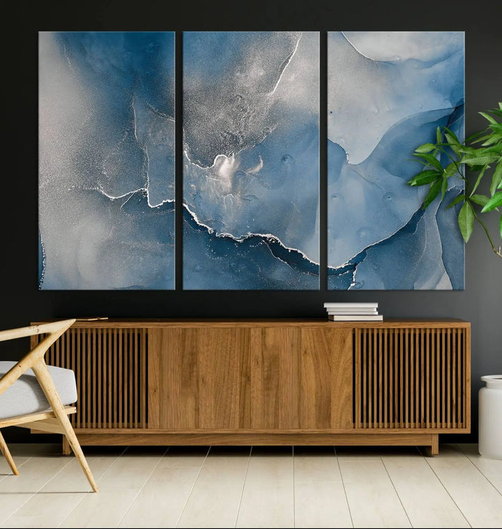 The living room features the Blue Gray Marble Fluid Effect Wall Art Abstract Canvas Wall Art Print, adding an elegant touch to the space.