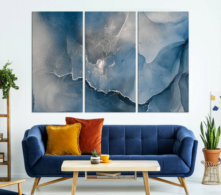 The living room features the Blue Gray Marble Fluid Effect Wall Art Abstract Canvas Wall Art Print, adding an elegant touch to the space.