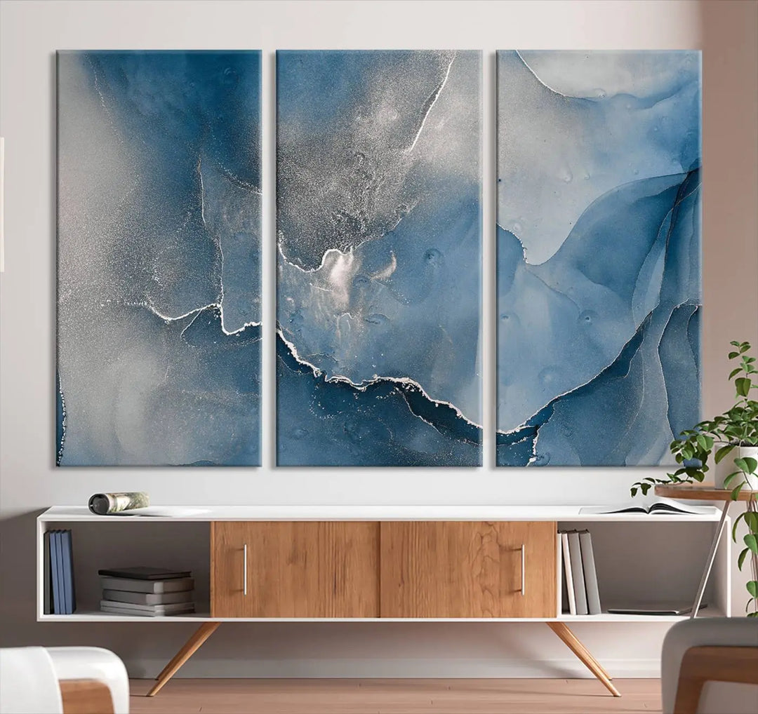 The living room features the Blue Gray Marble Fluid Effect Wall Art Abstract Canvas Wall Art Print, adding an elegant touch to the space.