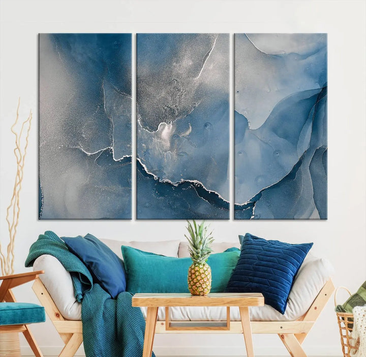 The living room features the Blue Gray Marble Fluid Effect Wall Art Abstract Canvas Wall Art Print, adding an elegant touch to the space.