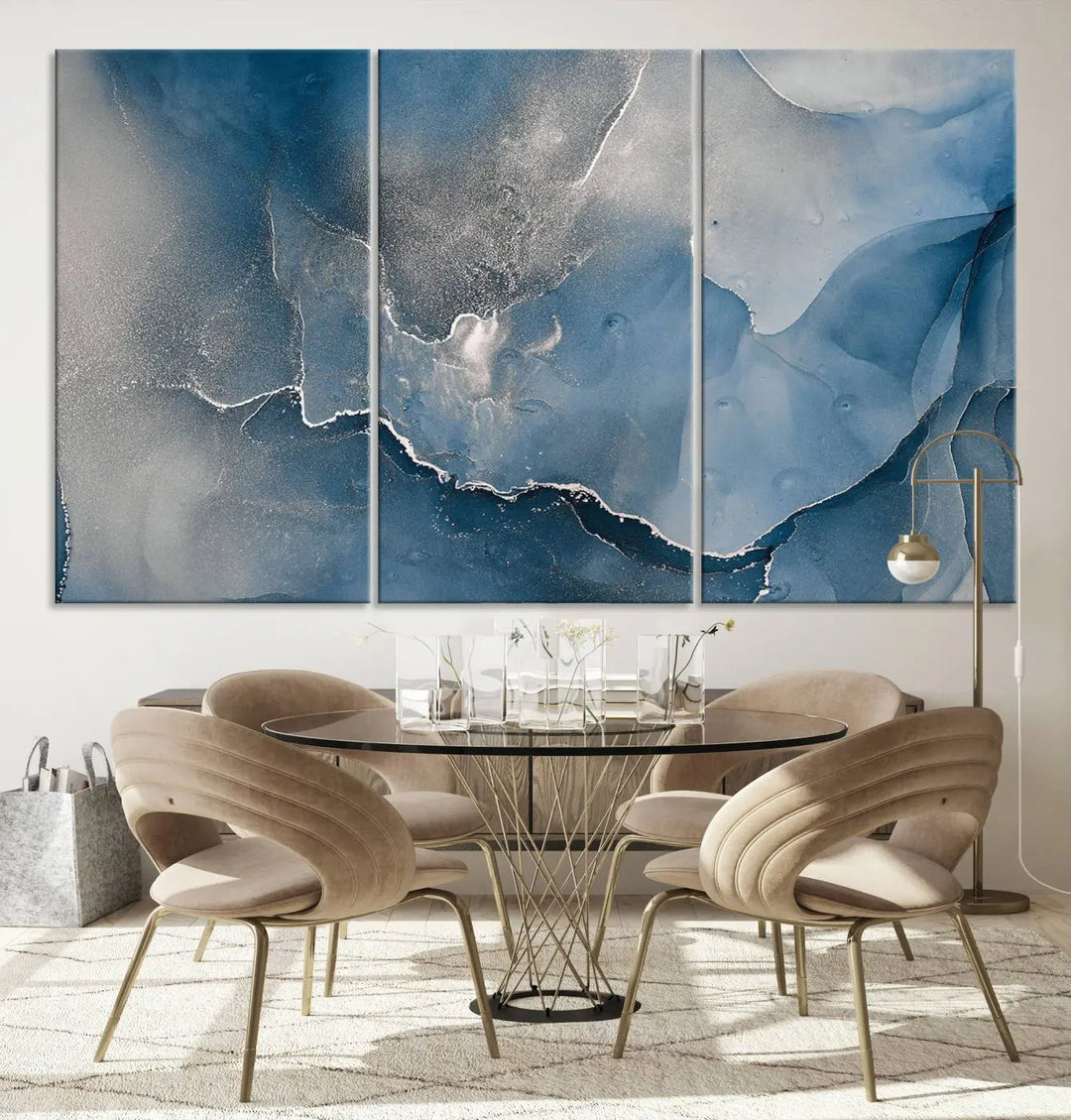 The living room features the Blue Gray Marble Fluid Effect Wall Art Abstract Canvas Wall Art Print, adding an elegant touch to the space.