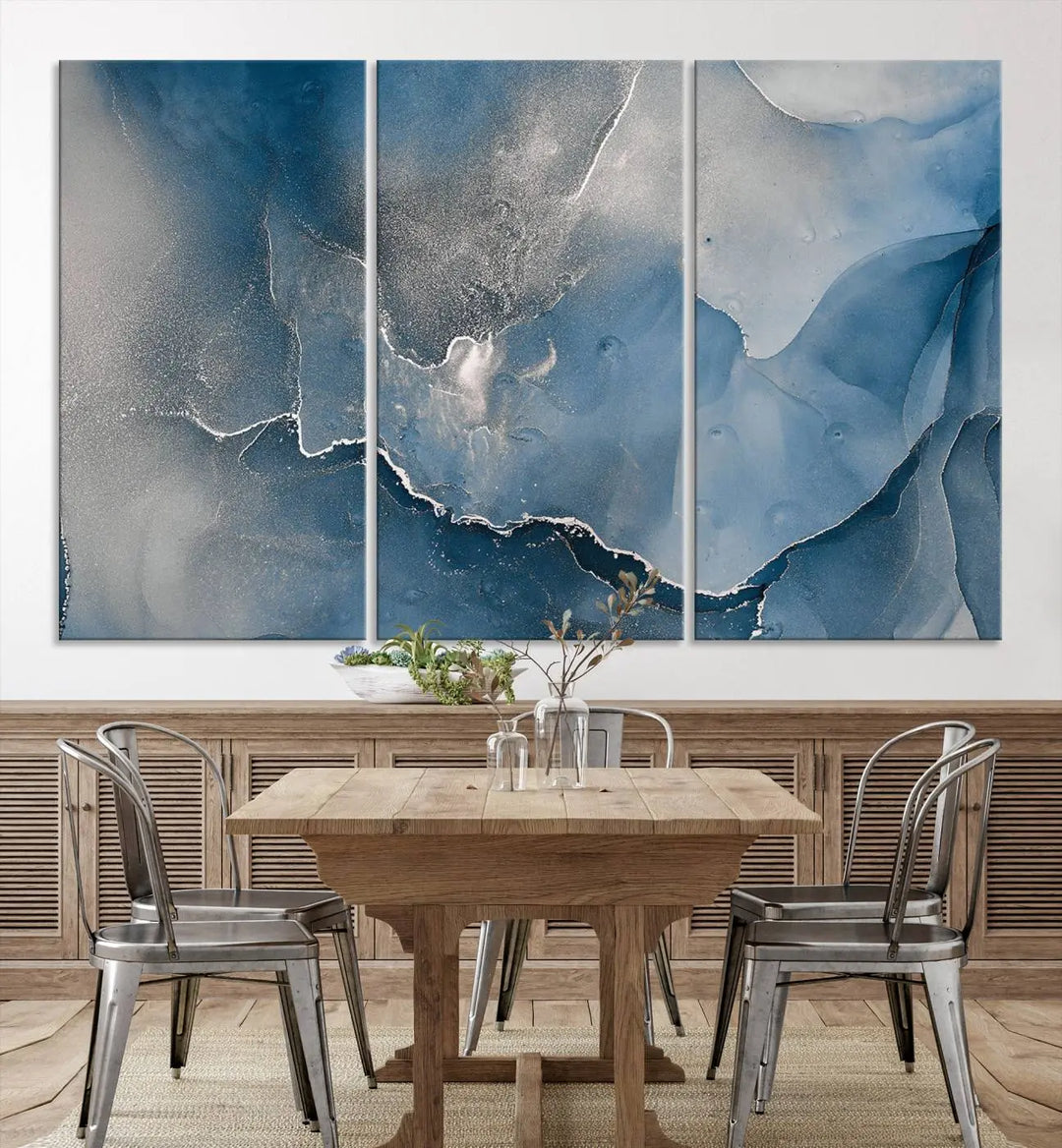 The living room features the Blue Gray Marble Fluid Effect Wall Art Abstract Canvas Wall Art Print, adding an elegant touch to the space.