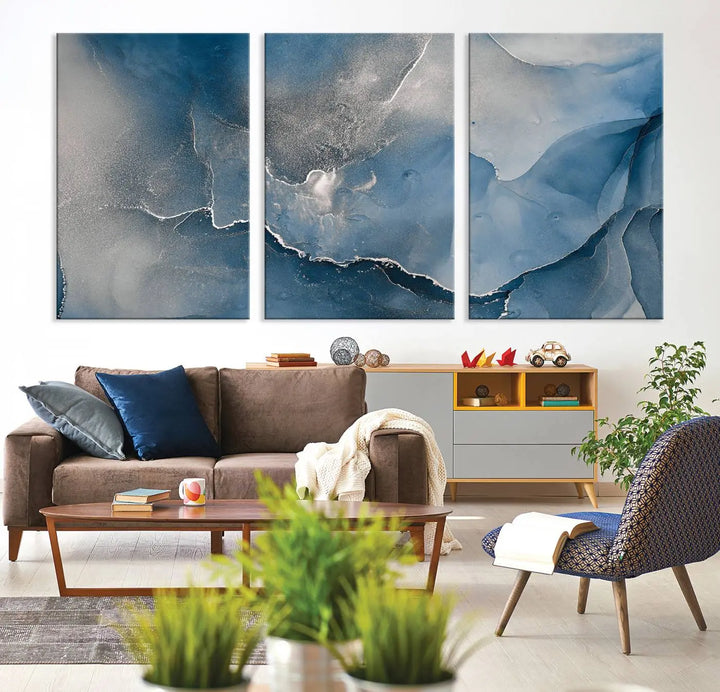 The living room features the Blue Gray Marble Fluid Effect Wall Art Abstract Canvas Wall Art Print, adding an elegant touch to the space.