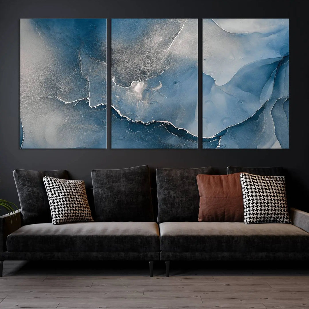 The living room features the Blue Gray Marble Fluid Effect Wall Art Abstract Canvas Wall Art Print, adding an elegant touch to the space.