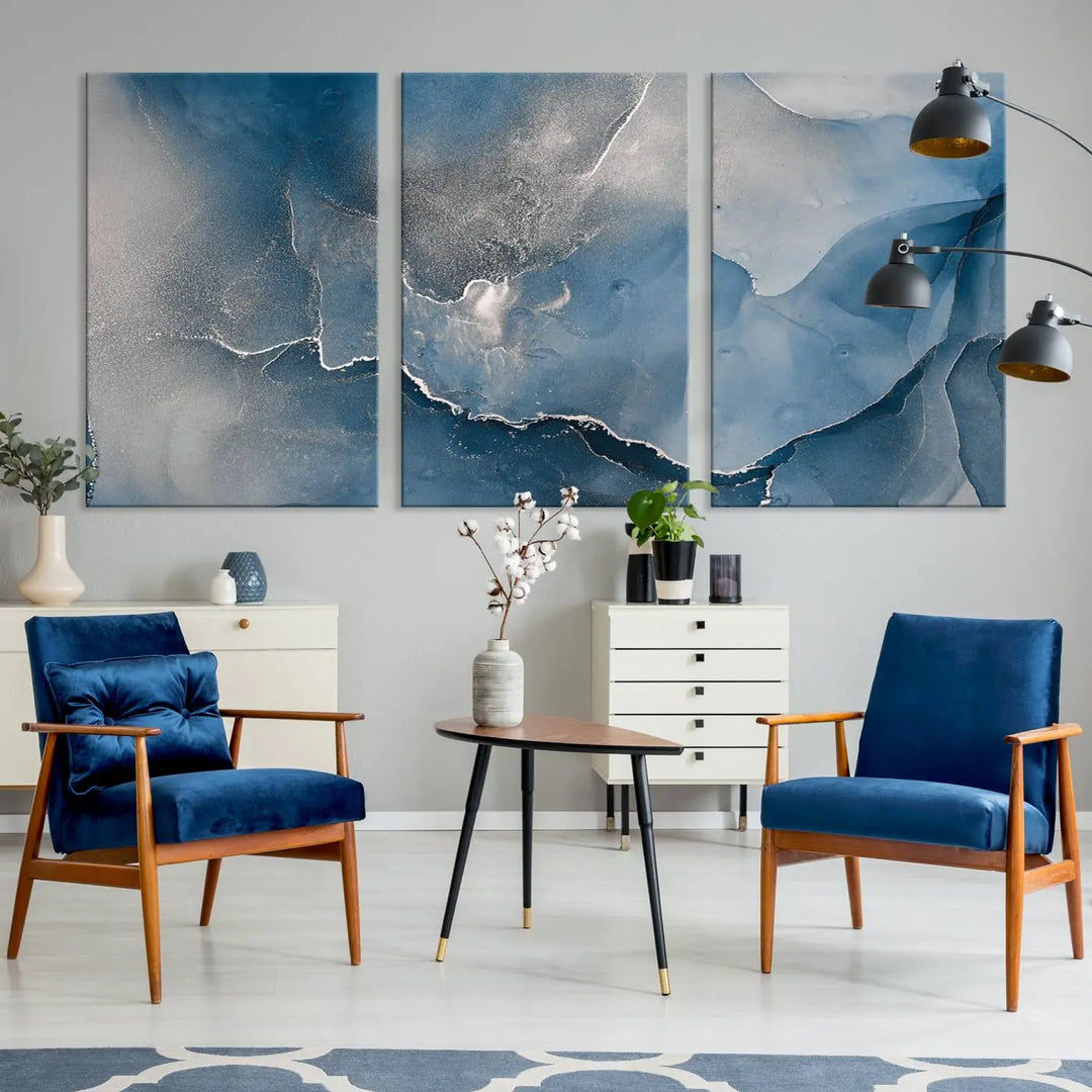 The living room features the Blue Gray Marble Fluid Effect Wall Art Abstract Canvas Wall Art Print, adding an elegant touch to the space.