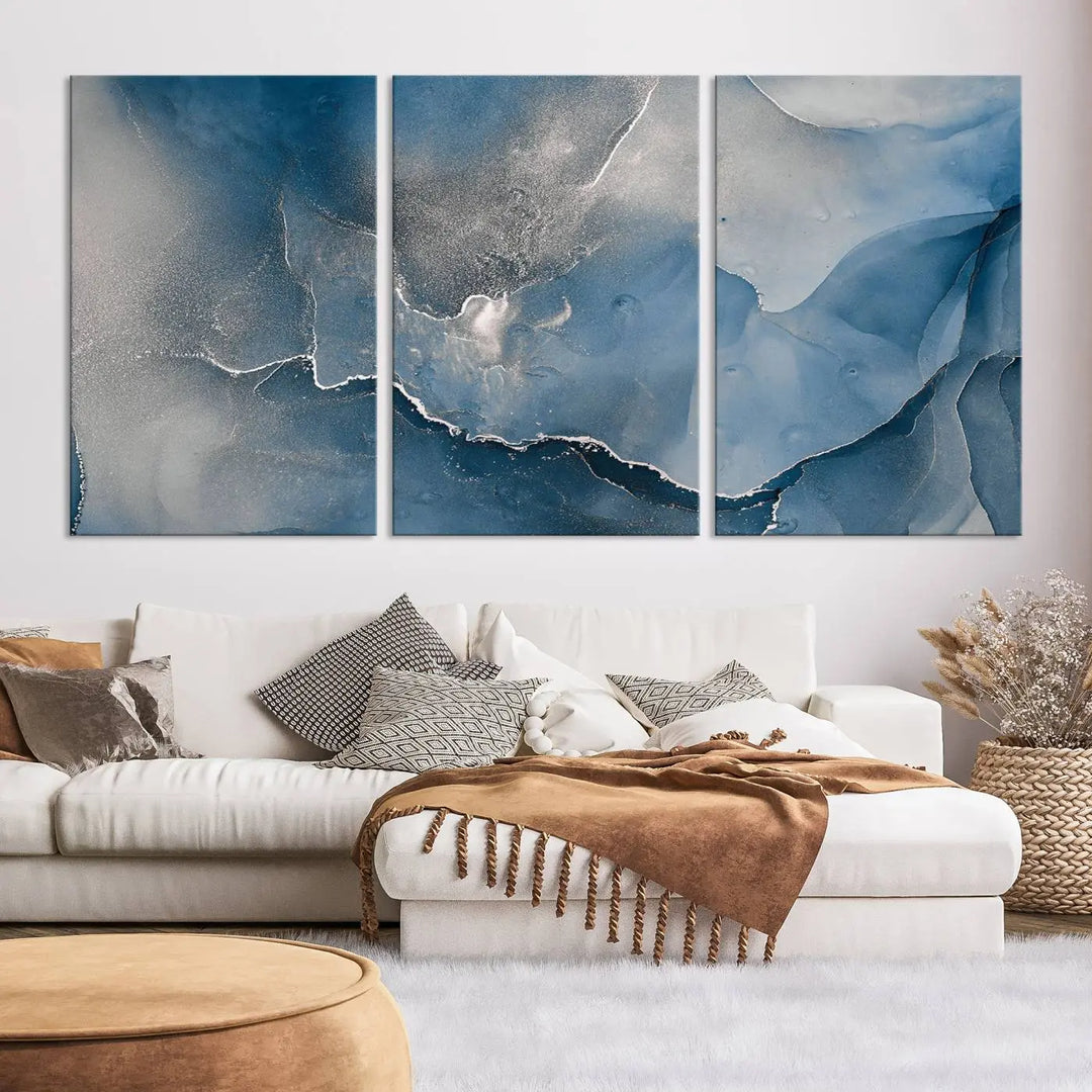 The living room features the Blue Gray Marble Fluid Effect Wall Art Abstract Canvas Wall Art Print, adding an elegant touch to the space.