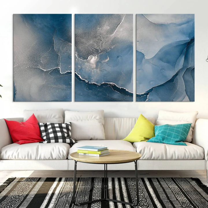 The living room features the Blue Gray Marble Fluid Effect Wall Art Abstract Canvas Wall Art Print, adding an elegant touch to the space.