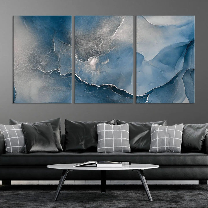 The living room features the Blue Gray Marble Fluid Effect Wall Art Abstract Canvas Wall Art Print, adding an elegant touch to the space.