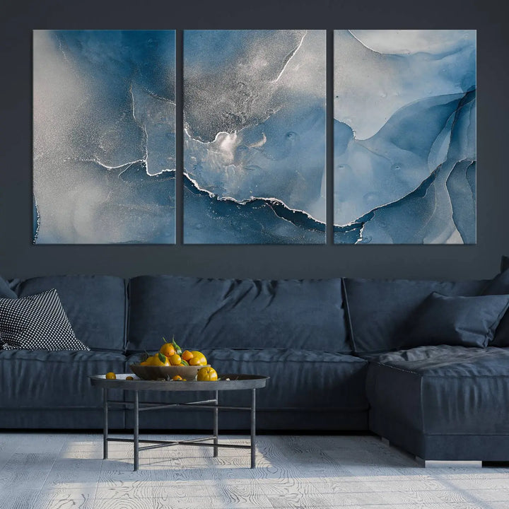 The living room features the Blue Gray Marble Fluid Effect Wall Art Abstract Canvas Wall Art Print, adding an elegant touch to the space.