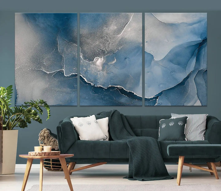 The living room features the Blue Gray Marble Fluid Effect Wall Art Abstract Canvas Wall Art Print, adding an elegant touch to the space.