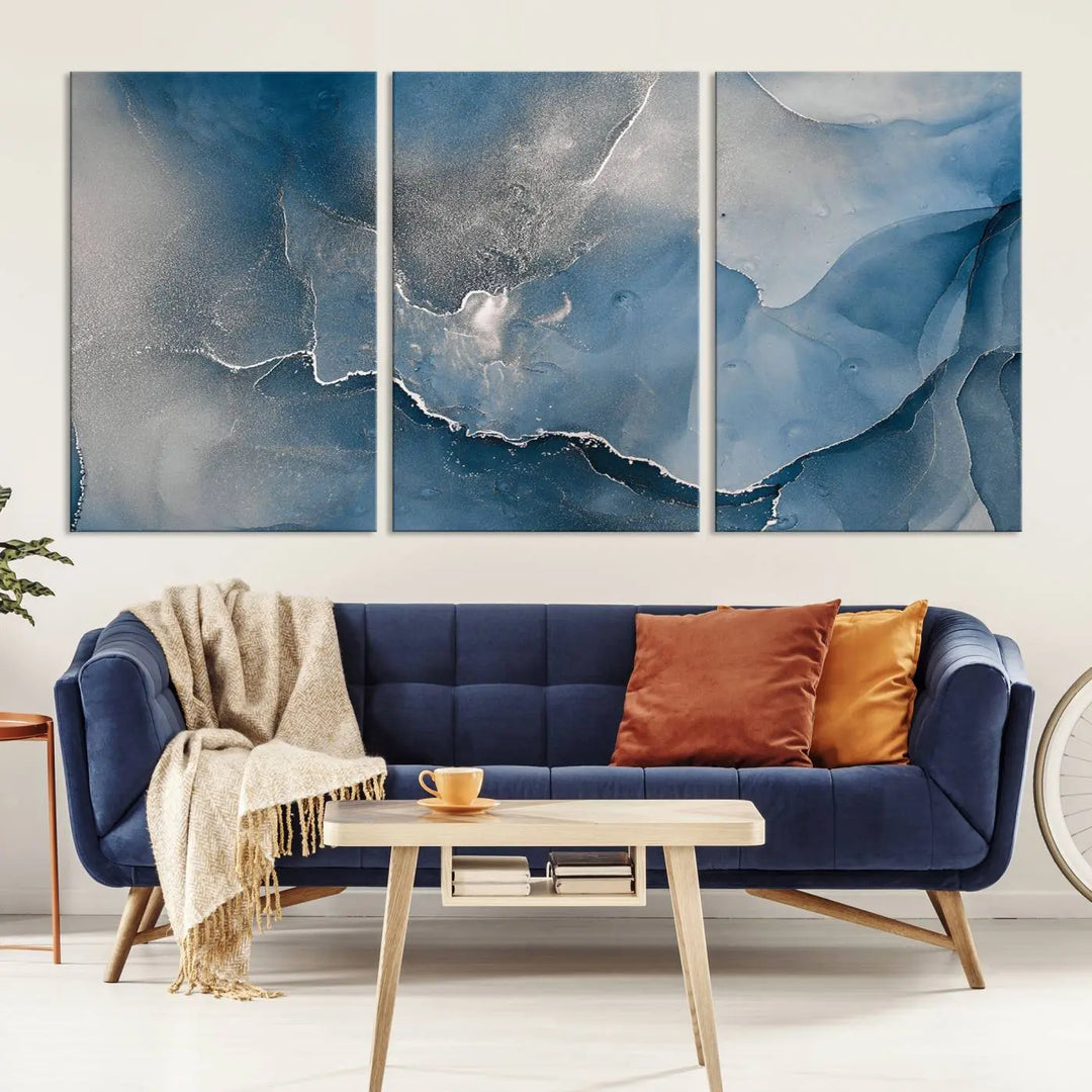 The living room features the Blue Gray Marble Fluid Effect Wall Art Abstract Canvas Wall Art Print, adding an elegant touch to the space.