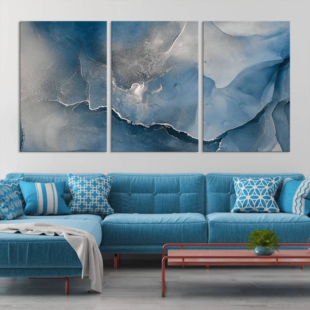 The living room features the Blue Gray Marble Fluid Effect Wall Art Abstract Canvas Wall Art Print, adding an elegant touch to the space.