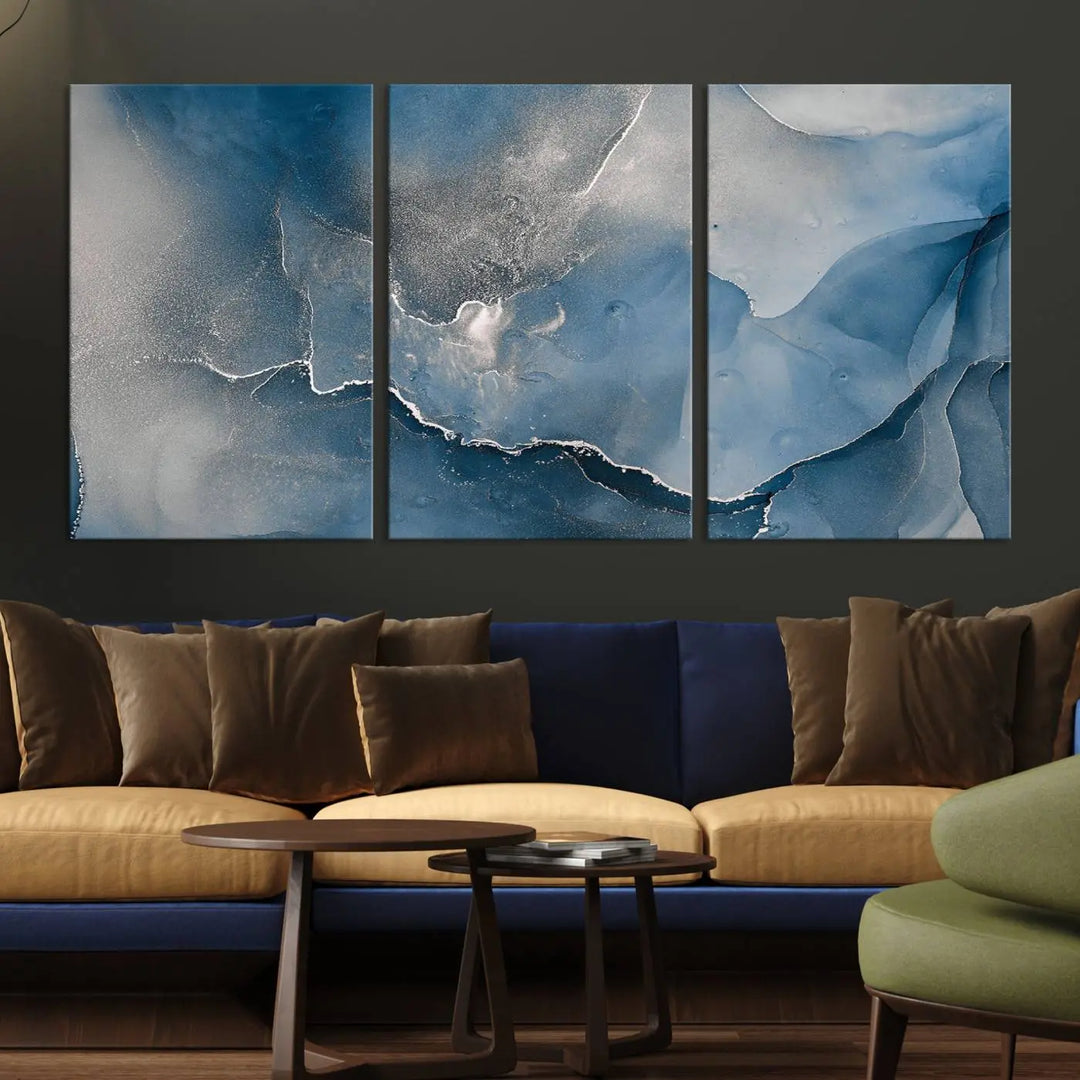 The living room features the Blue Gray Marble Fluid Effect Wall Art Abstract Canvas Wall Art Print, adding an elegant touch to the space.